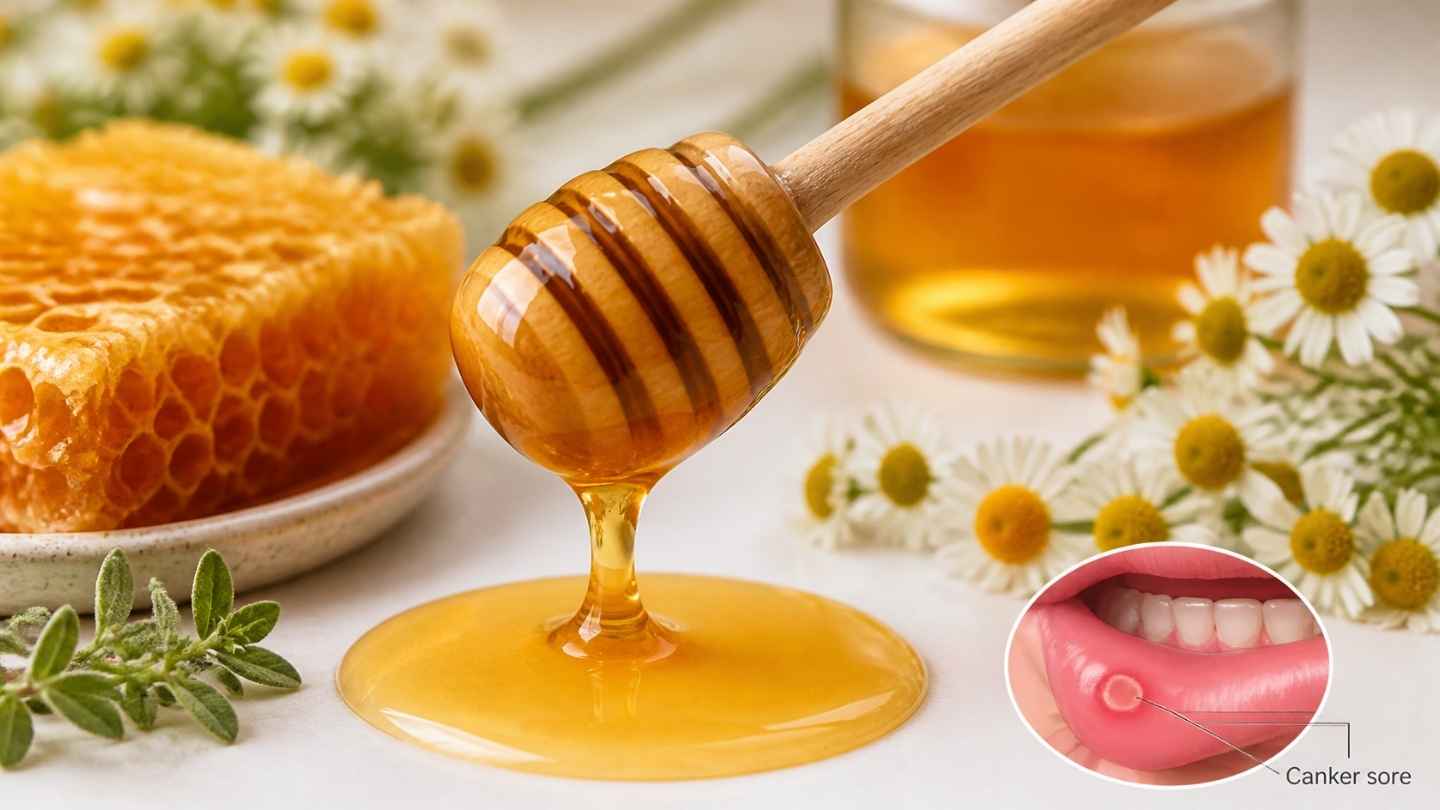 Madu murni menetes dari sendok kayu dengan diagram sariawan di mulut untuk menunjukkan manfaat madu untuk sariawan