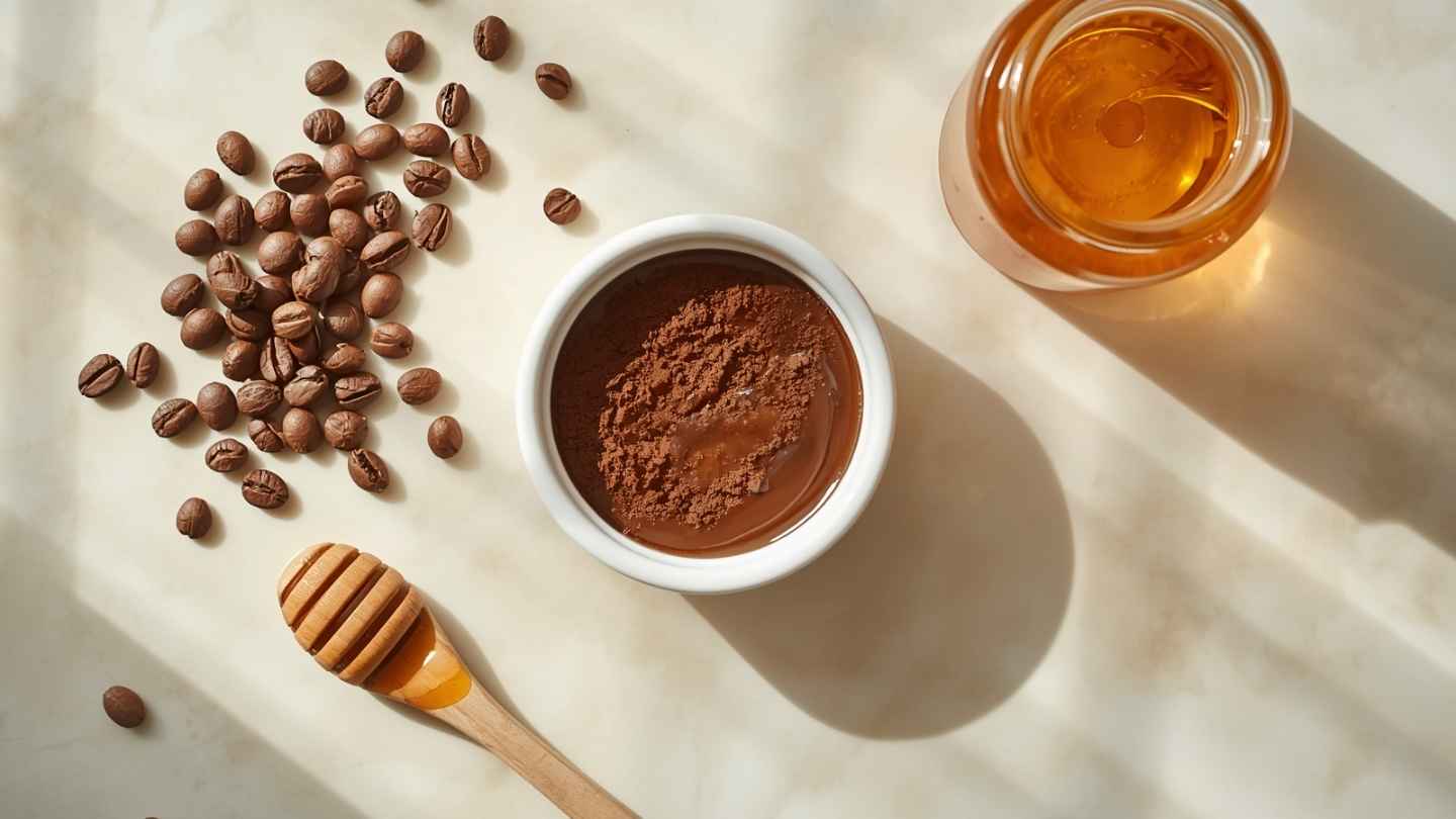 Masker wajah alami dari campuran bubuk kopi dan madu murni dalam mangkuk kecil, dikelilingi biji kopi dan madu asli sebagai bahan manfaat masker kopi dan madu