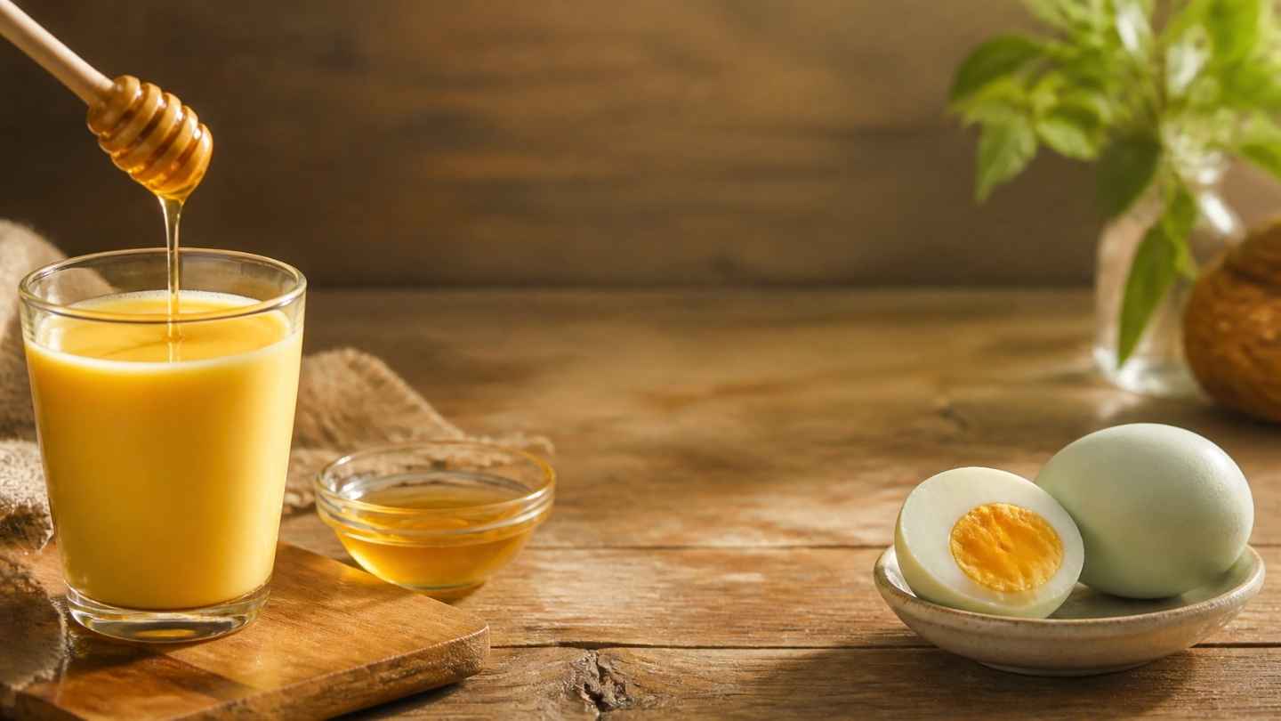 Segelas campuran kuning telur dan madu dengan telur bebek rebus dan madu di atas meja kayu