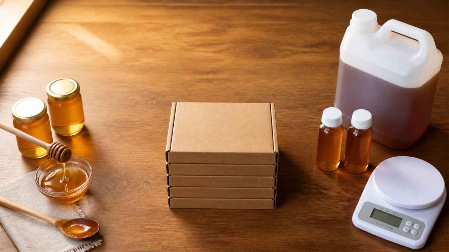 Dua botol madu kaca kecil di sisi kiri dan jerigen madu curah dengan botol sampel dan timbangan digital di sisi kanan meja kayu, menggambarkan perbedaan konsumen madu B2B dan B2C