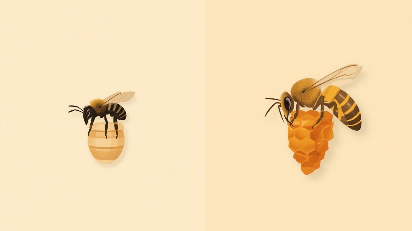Ilustrasi perbandingan lebah trigona tanpa sengat di sarang pot madu dan lebah apis mellifera bersengat di sarang sisir vertikal, menunjukkan perbedaan ukuran tubuh dan struktur sarang