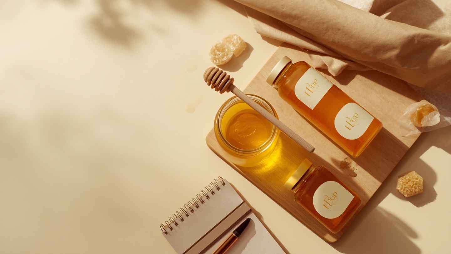 Foto flat-lay toples madu murni dengan sendok kayu, botol kemasan kosong, dan sarang lebah di atas meja kayu sebagai ilustrasi bisnis plan usaha madu