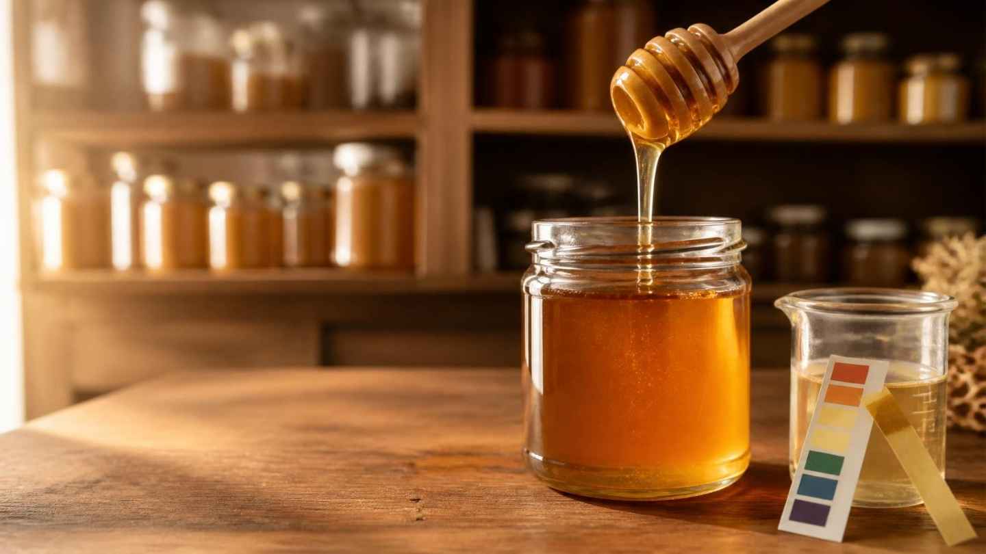 Mangkuk kaca berisi madu emas, pH meter digital, gelas ukur, dan dipper kayu di atas meja kayu untuk mengukur pH madu asli
