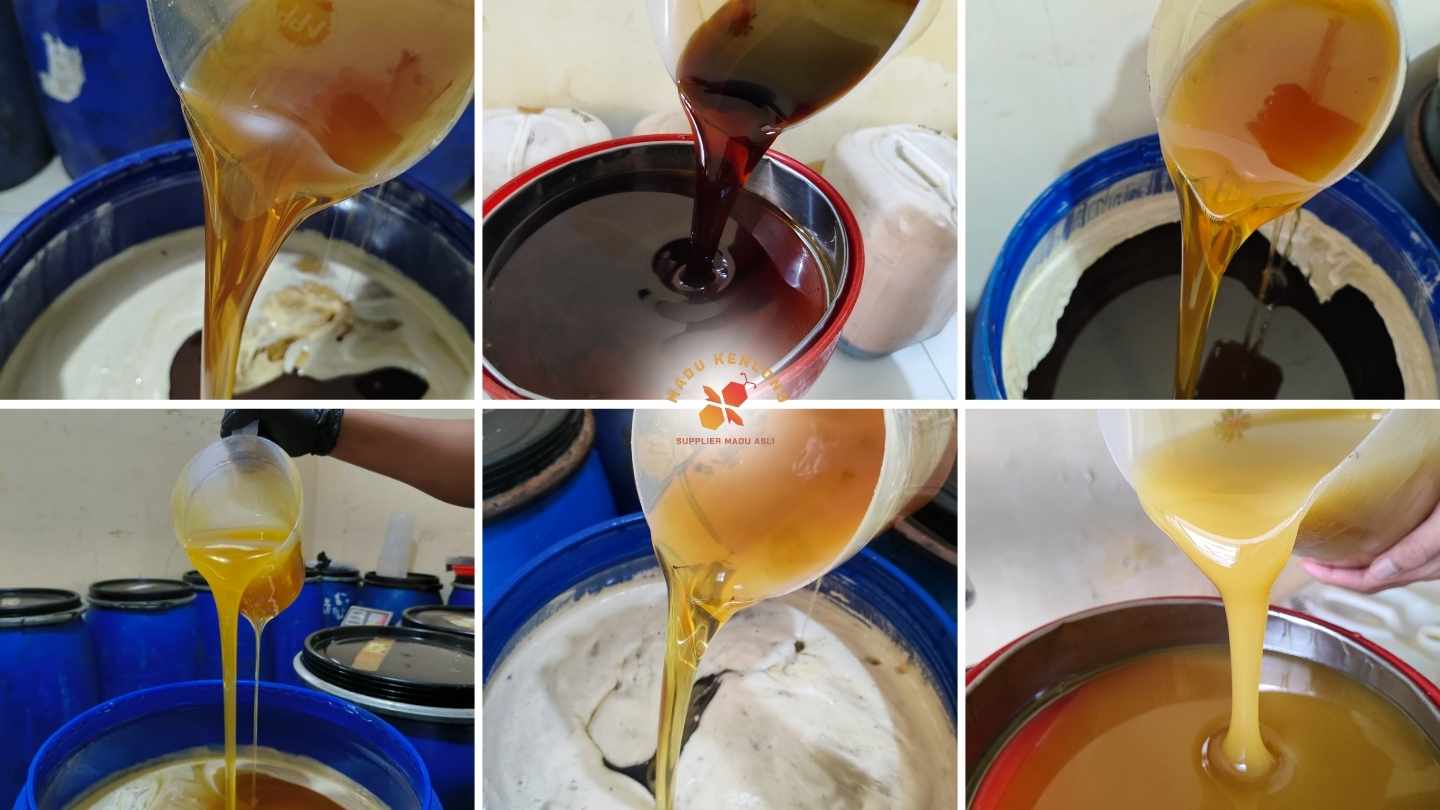 Enam foto proses penuangan madu asli dengan warna bervariasi dari cokelat gelap hingga kuning muda ke dalam wadah di gudang produksi Madu Kencono