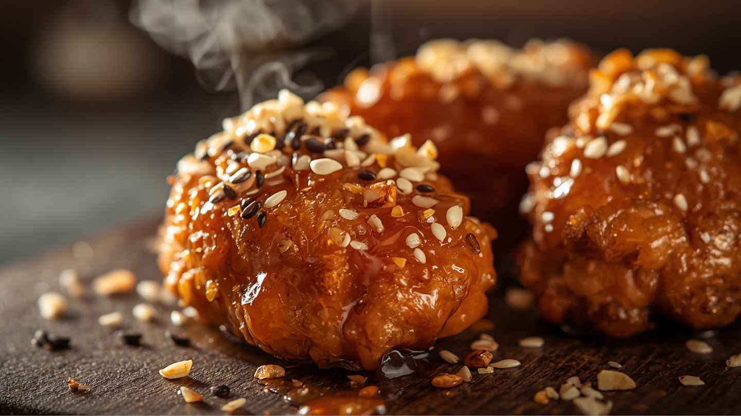 ayam goreng madu crispy dengan saus madu mengkilap dan taburan wijen