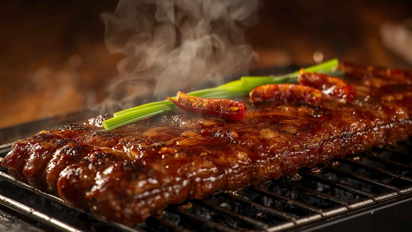 Iga bakar madu empuk dengan glasir karamel mengilap di atas panggangan