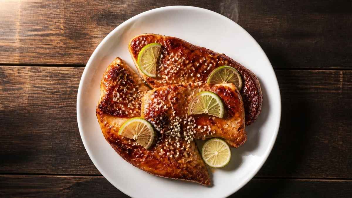 Fillet ikan dori panggang dengan lapisan madu karamel mengkilap disajikan di piring putih dengan garnish jeruk nipis, resep ikan dori panggang madu
