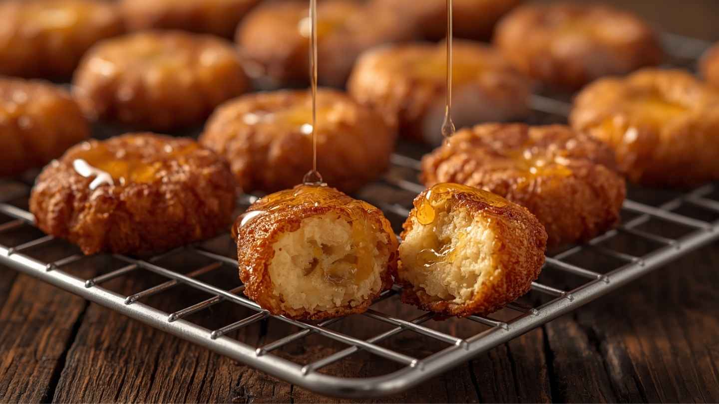 Pisang goreng madu renyah dengan lapisan keemasan di rak kawat