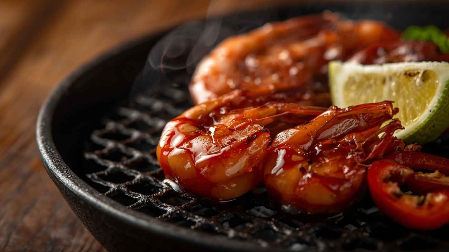 Udang bakar madu anti gosong dengan glasir madu mengilap di atas grill pan