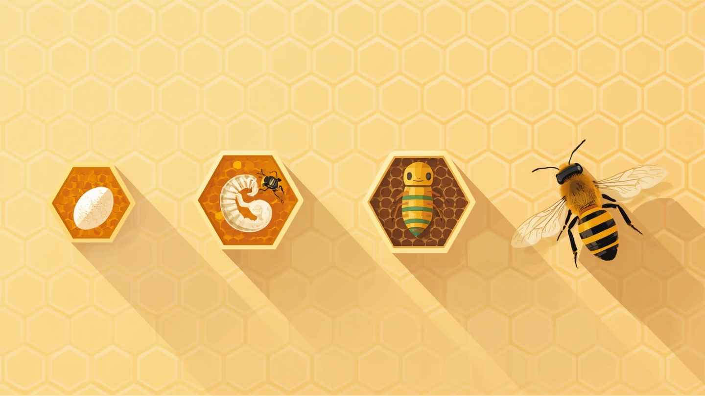 Ilustrasi empat tahap metamorfosis lebah madu dari telur, larva, pupa, hingga lebah dewasa di dalam sel sarang heksagonal, menggambarkan siklus hidup lebah madu