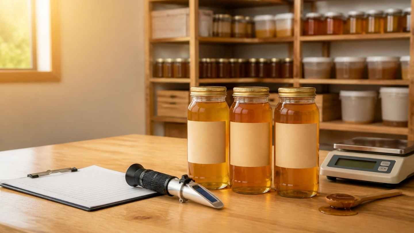 Tiga botol madu berlabel kosong di meja kerja kayu bersama refraktometer, timbangan digital, dan clipboard checklist untuk SOP bisnis madu
