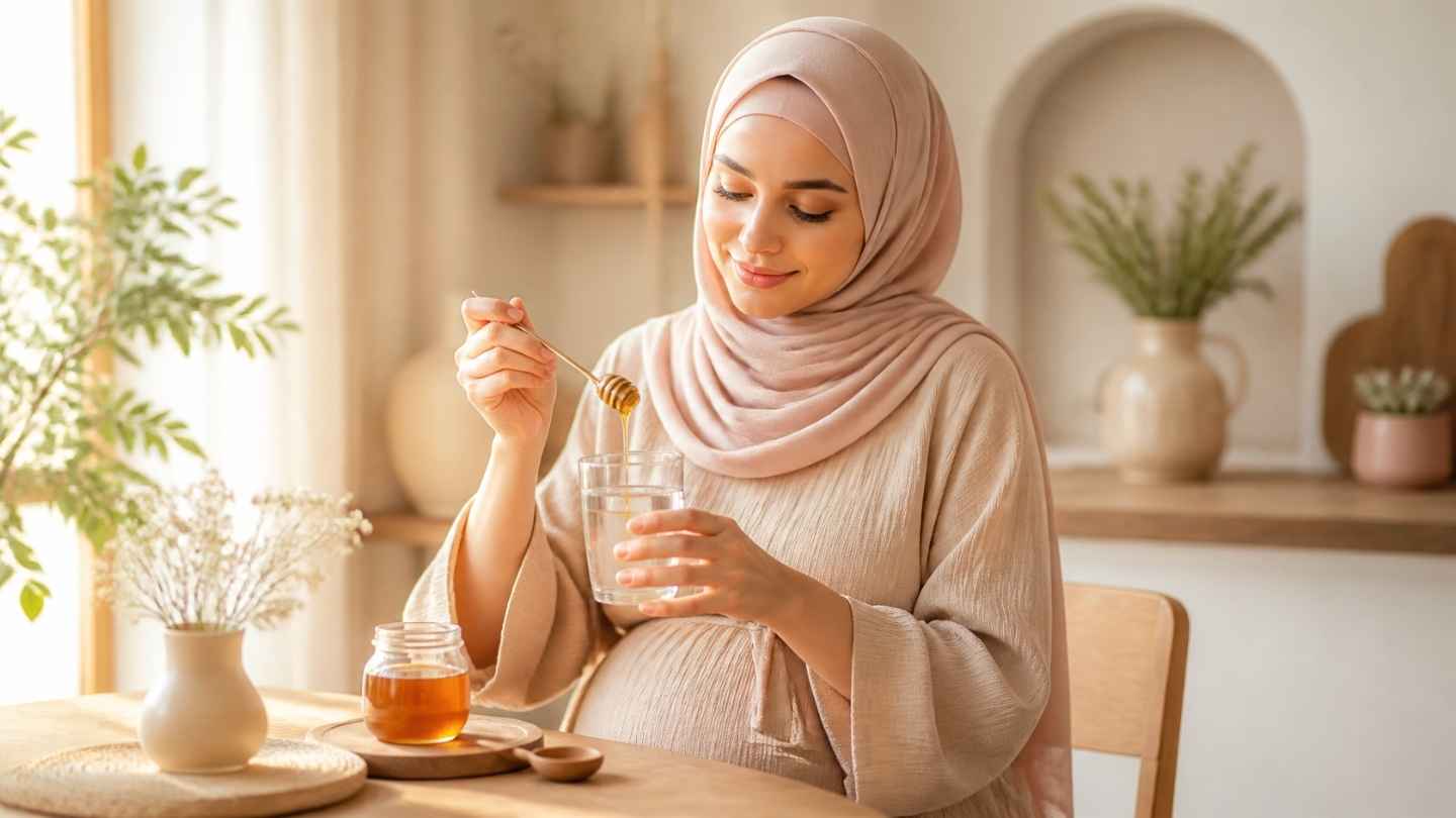 Ibu hamil berhijab menuangkan madu ke segelas air hangat dengan takaran sendok takar
