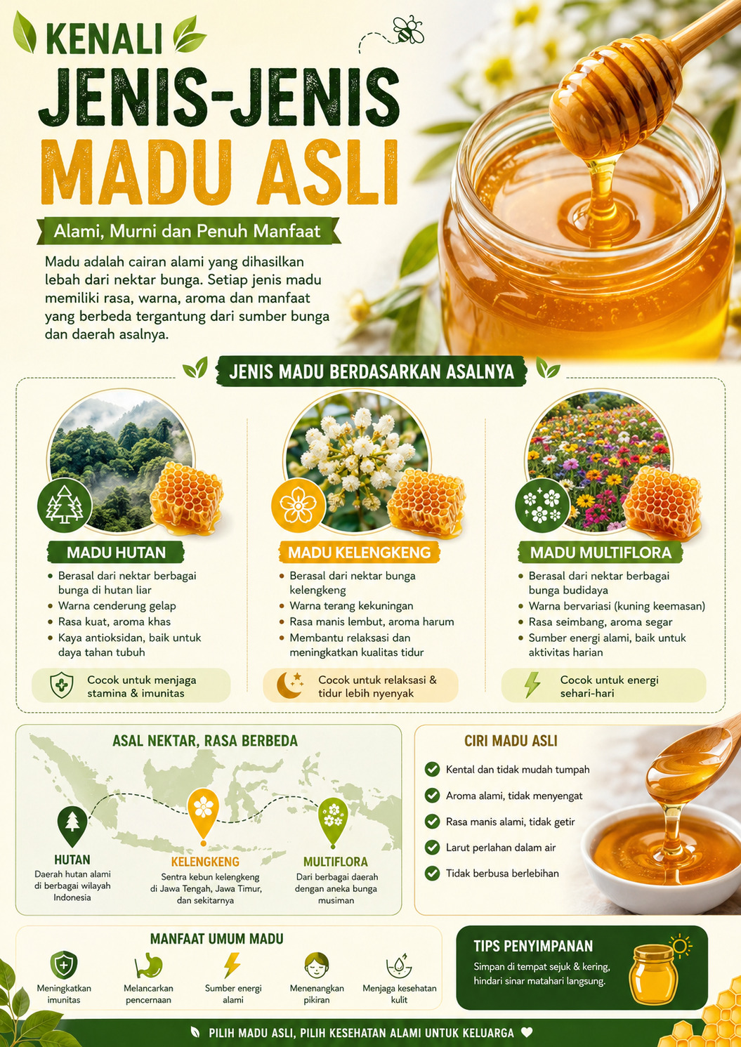 template brosur madu dengan elemen deskripsi produk dan varian