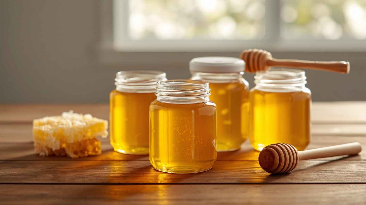Beberapa toples kaca berisi madu murni berwarna keemasan di atas meja kayu, cocok untuk ilustrasi tips sukses bisnis madu bagi pemula