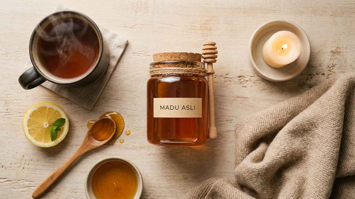 Madu asli dalam toples kaca dengan sendok kayu, cocok diminum pagi hari saat perut kosong atau malam sebelum tidur